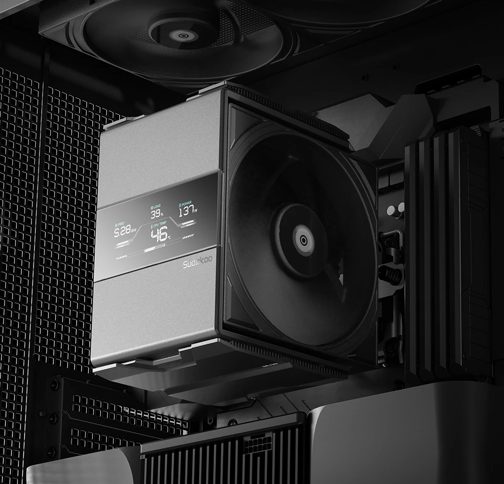 Sudokoo sk700v | 120mm črn cpu hladilnik | digitalni zaslon | 7 toplotnih cevk | amd am5 | zračni hladilnik 1 Sudokoo sk700v črn cpu hladilnik nameščen v računalniku z digitalnim zaslonom